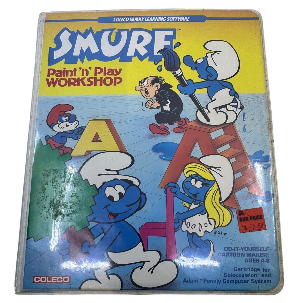 Coleco Smurf Paint n Play Workshop ColecoVision Adam Game Cartridge Manual Case